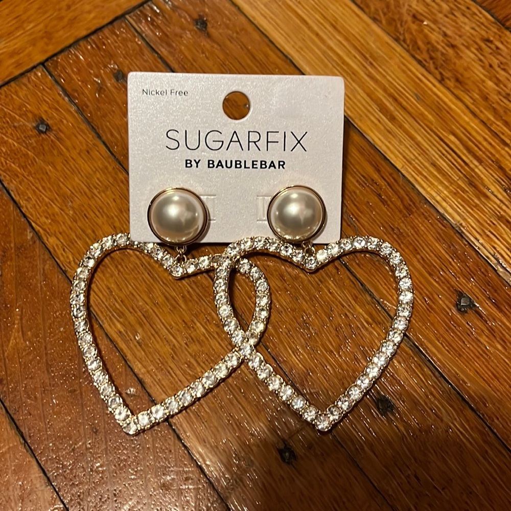 BaubleBar Gold Tone Crystal Heart Drop Earrings with Pearl Studs